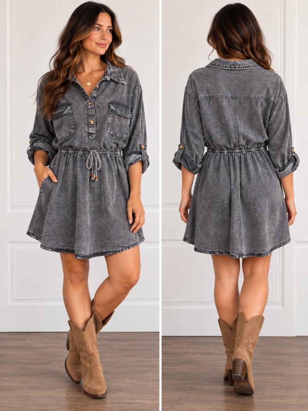 Speed Control 3X Gray Acid-Wash 100% Cotton Utility Shirt Dress